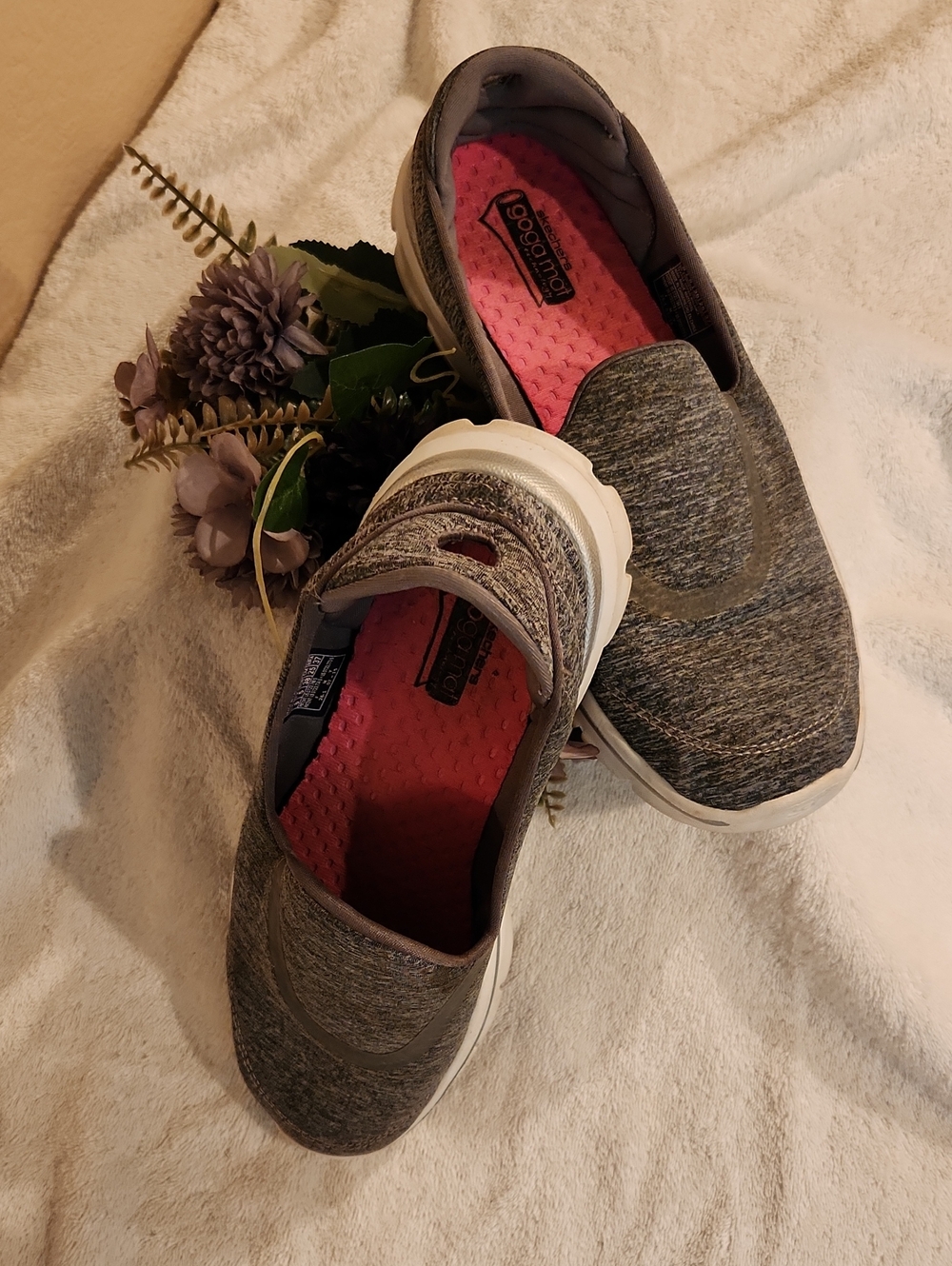 Skechers Slip-On Knit Sneakers in Gray with Pink Insole